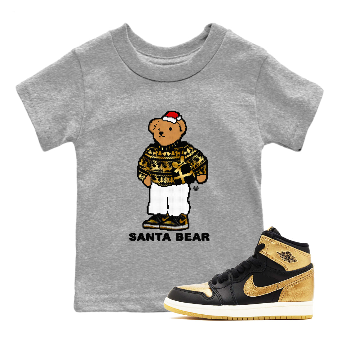 Santa Bear snkmatch Tees Kids - Air Jordan 1 Black Metallic Gold