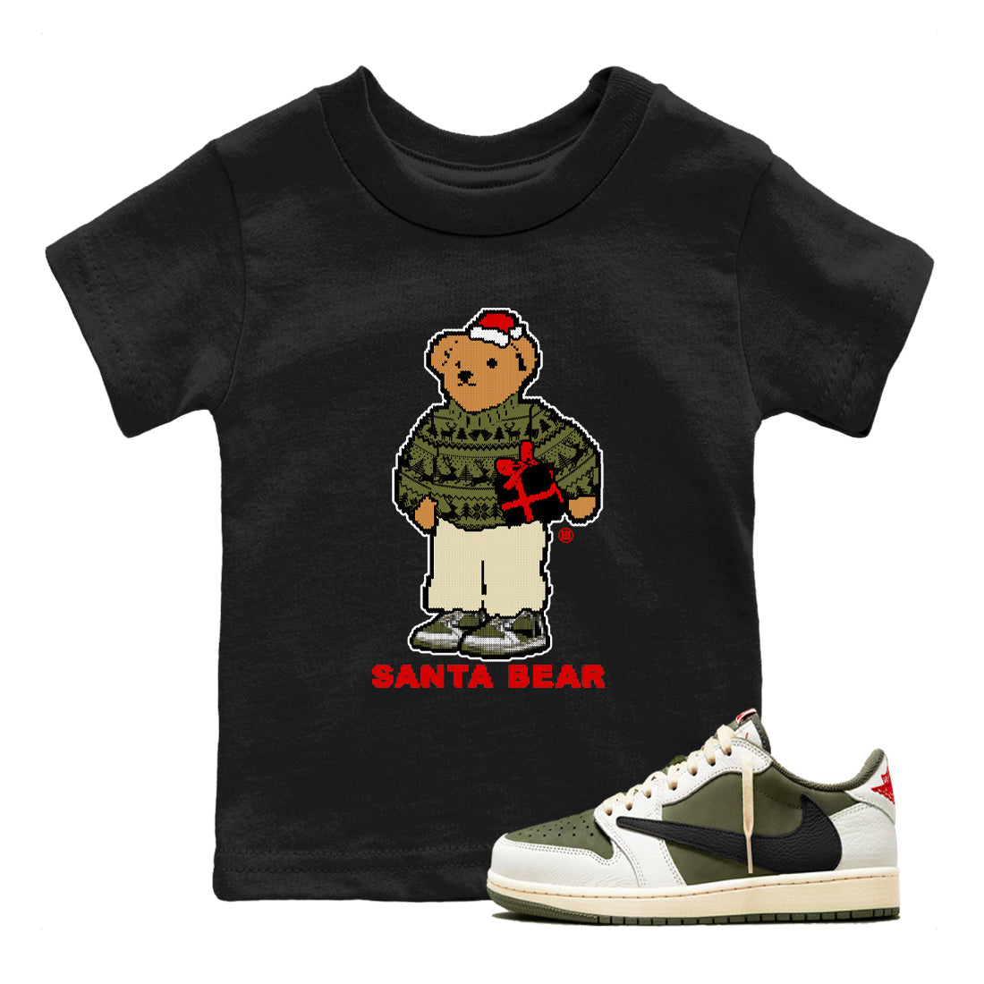 Santa Bear snkmatch Tees Kids - Air Jordan 1 Travis Scott Medium Olive