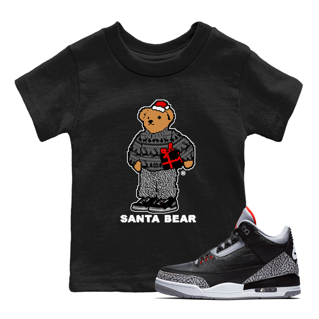 Santa Bear snkmatch Tees Kids - Air Jordan 3 Black Cement