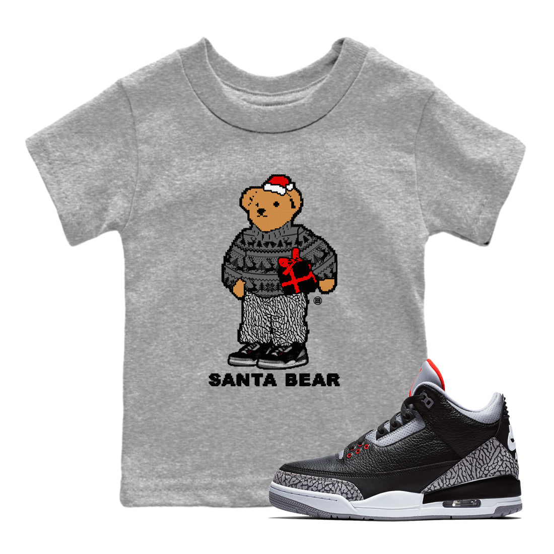 Santa Bear snkmatch Tees Kids - Air Jordan 3 Black Cement