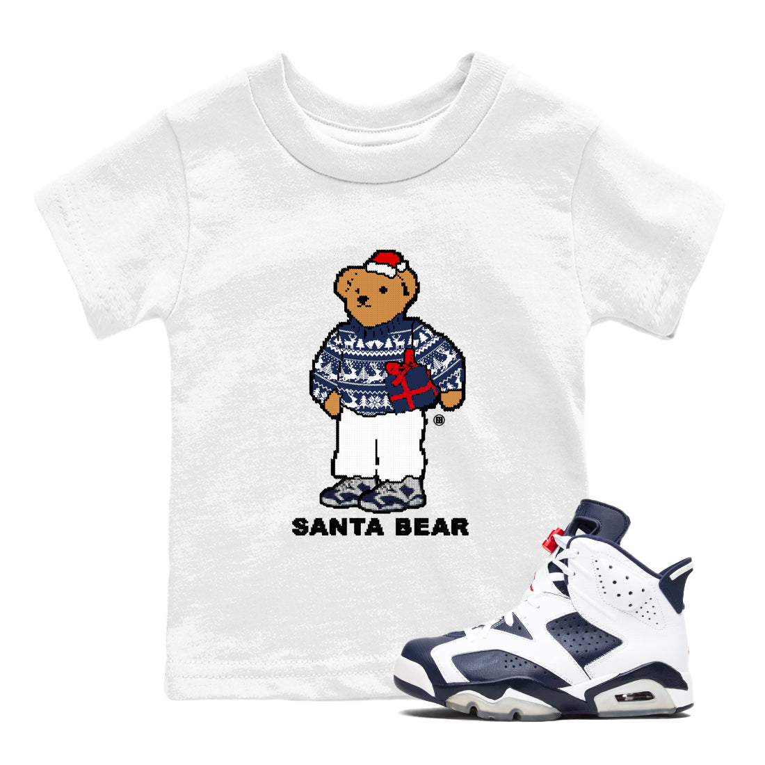 Santa Bear snkmatch Tees Kids - Air Jordan 6 White And Midnight Navy