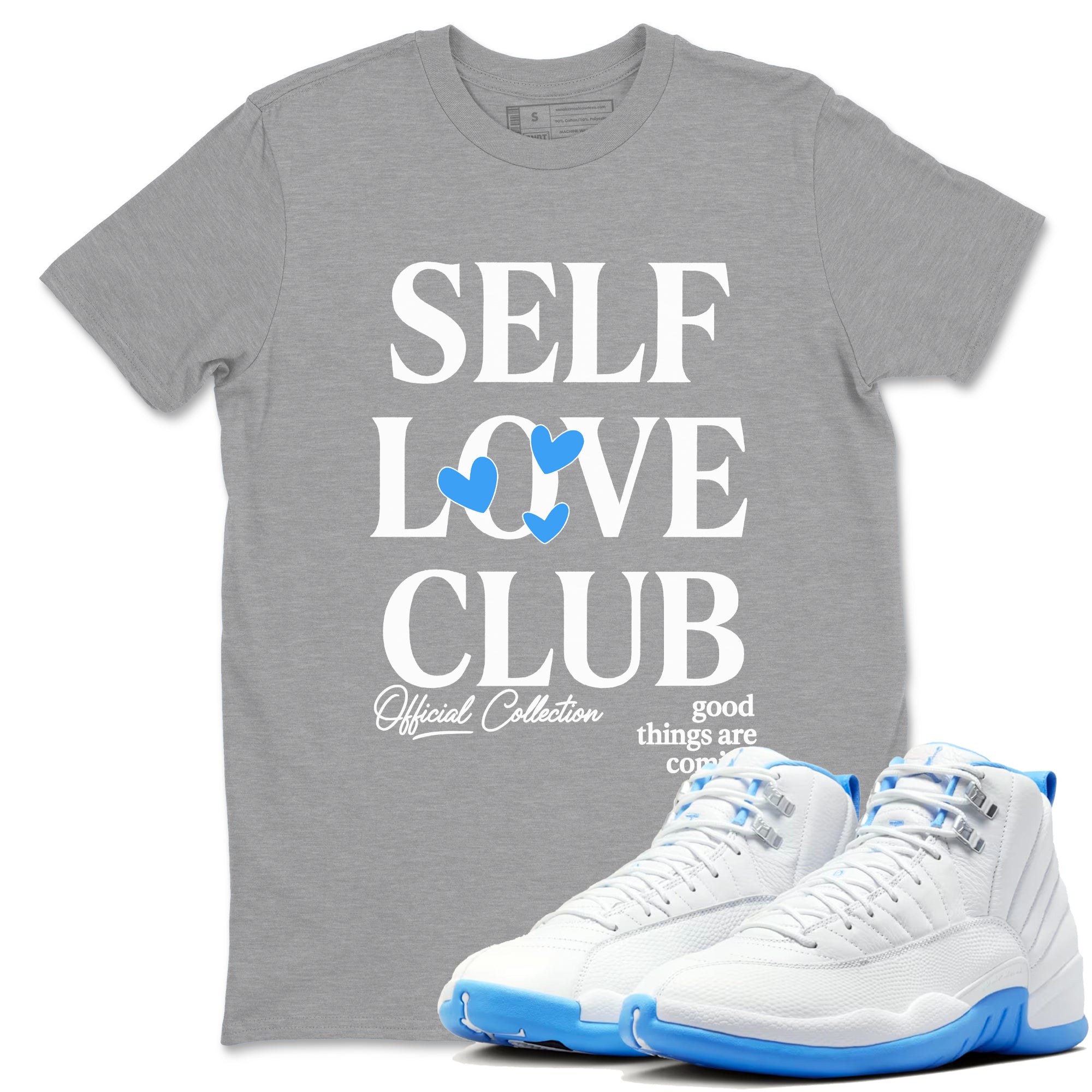 Self Love Club snkmatch Tees - Air Jordan 12 White and University Blue
