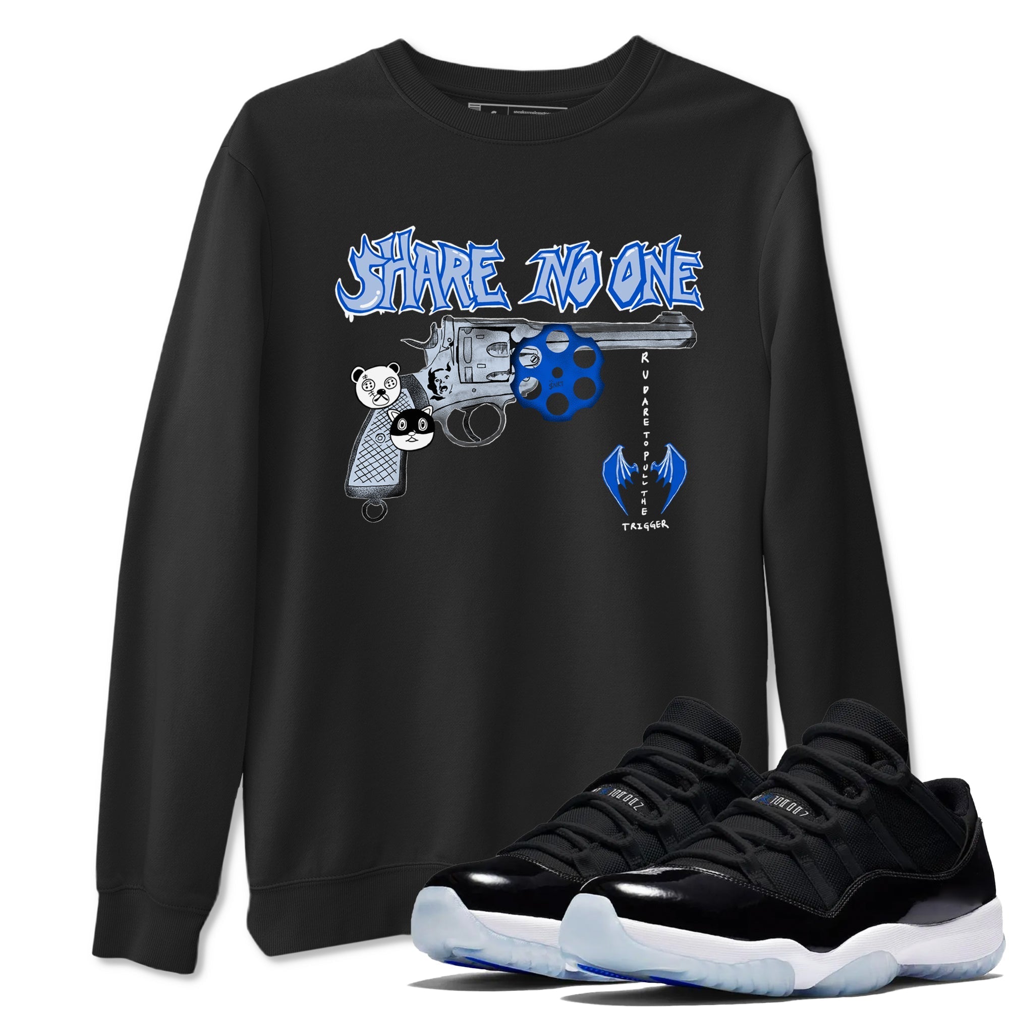 Share No One snkmatch Tees - Air Jordan 11 Black and Varsity Royal