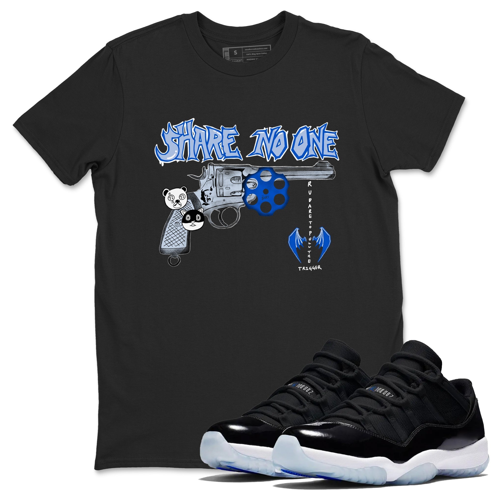Share No One snkmatch Tees - Air Jordan 11 Black and Varsity Royal