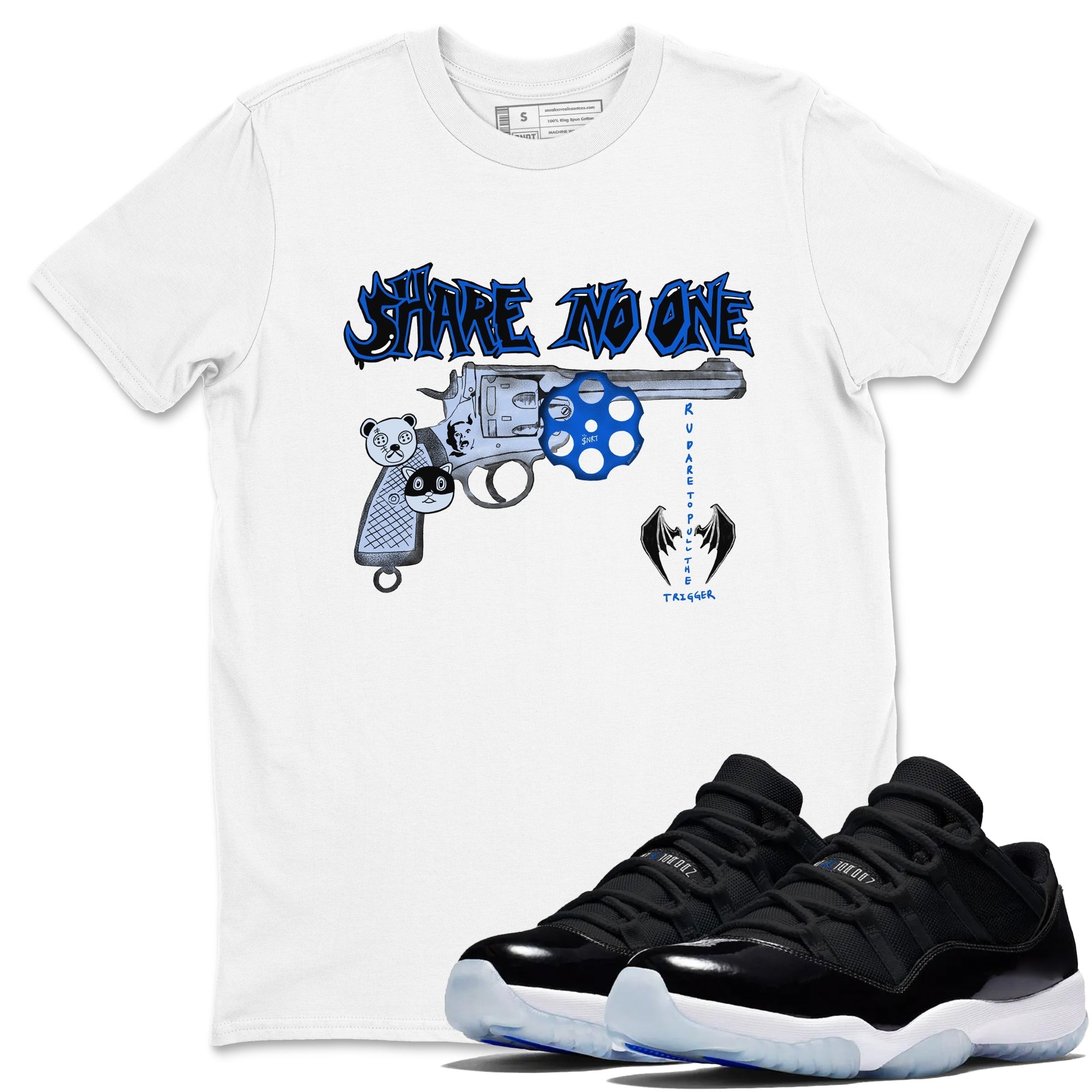 Share No One snkmatch Tees - Air Jordan 11 Black and Varsity Royal