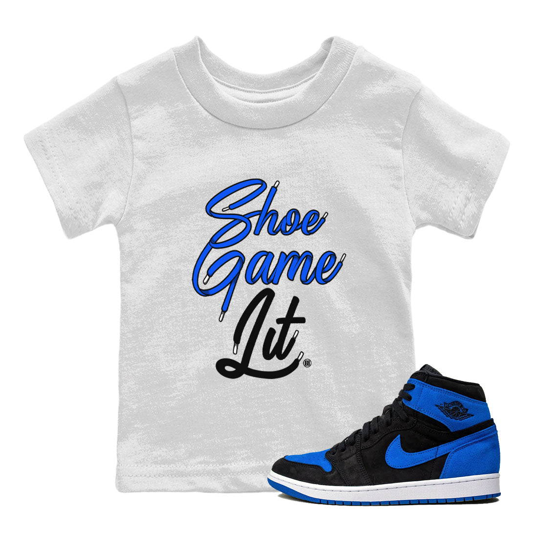 Shoe Game Lit Shoe Lace snkmatch Tee Kids - Air Jordan 1 Royal Reimagined