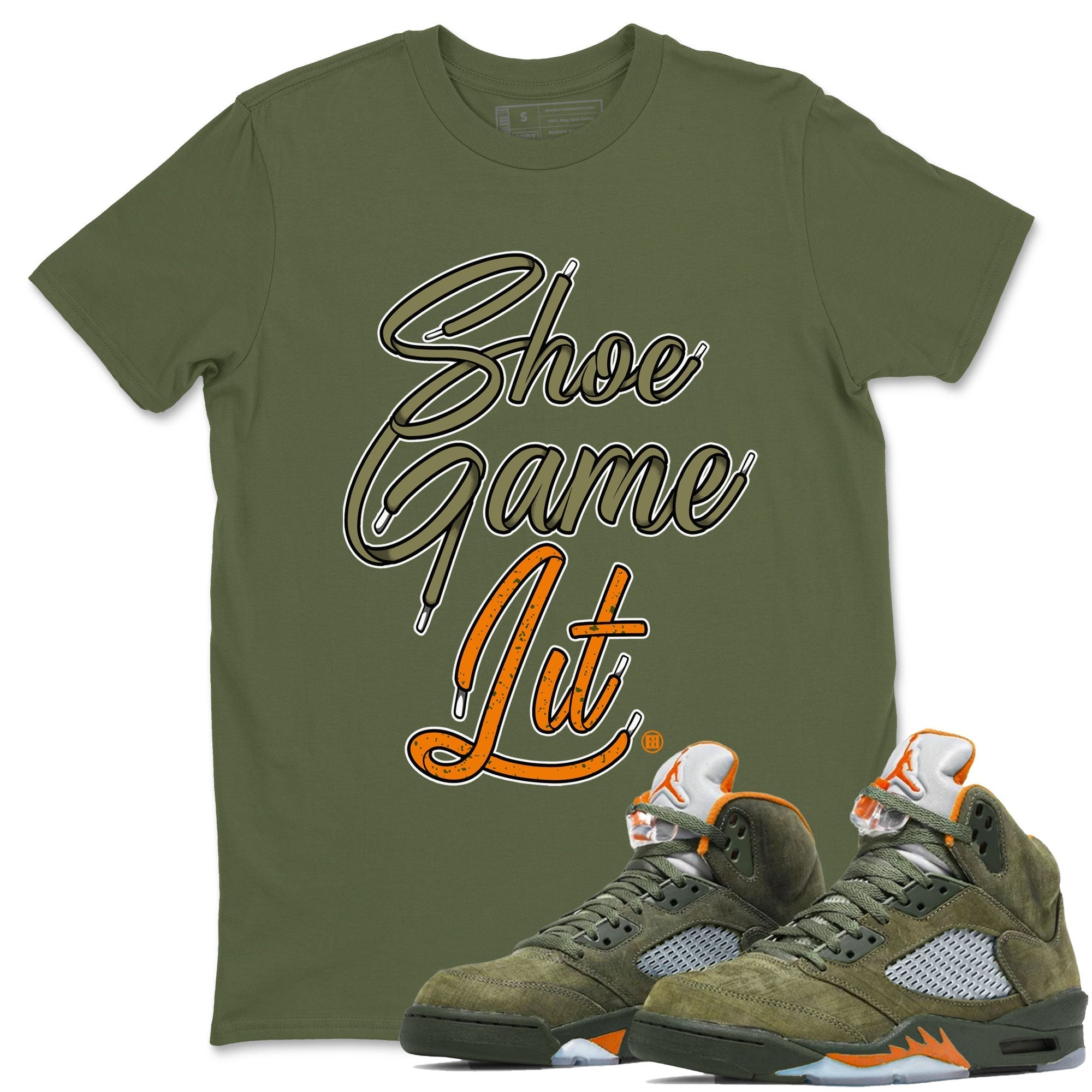 Shoe Game Lit Shoe Lace snkmatch Tees - Air Jordan 5 Olive