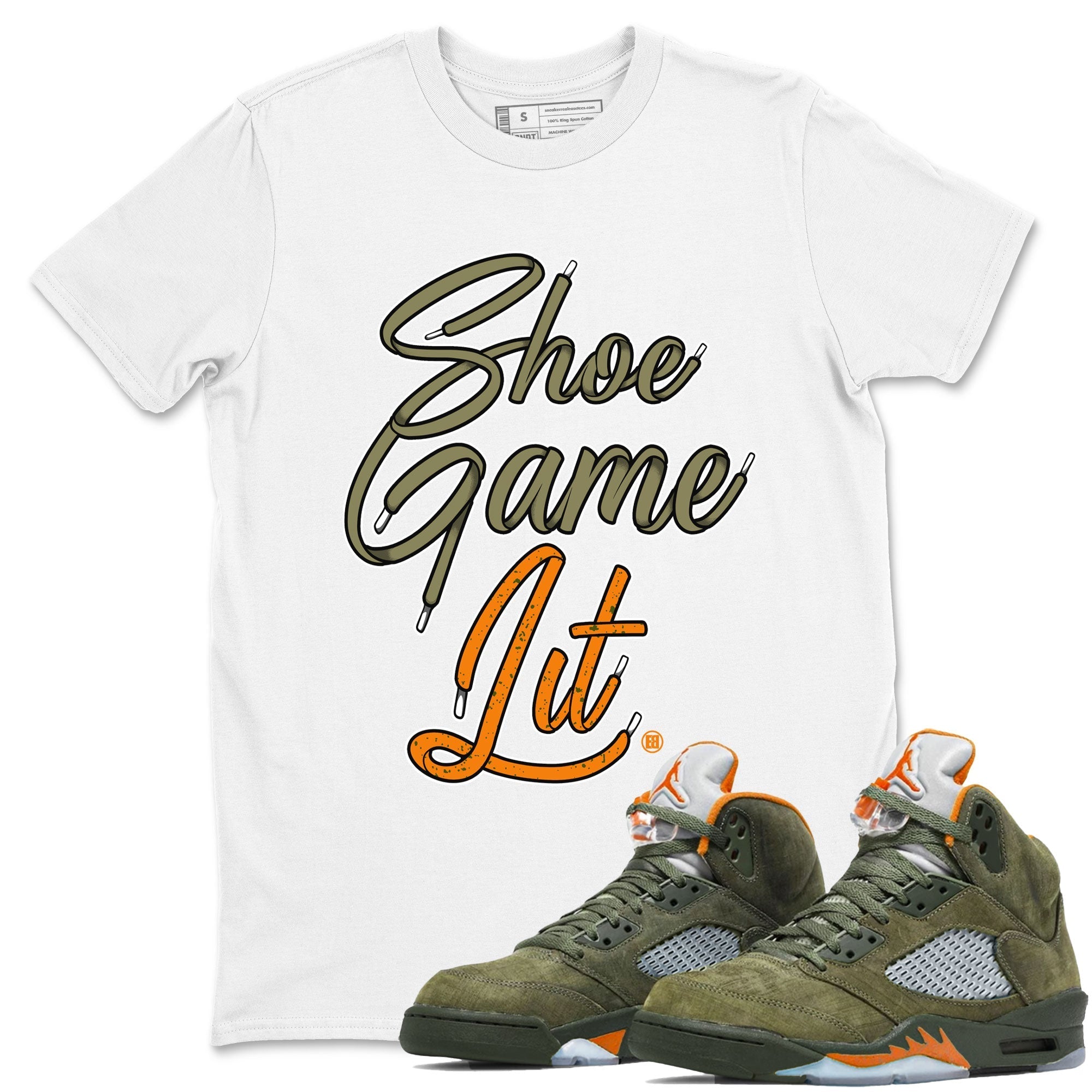 Shoe Game Lit Shoe Lace snkmatch Tees - Air Jordan 5 Olive