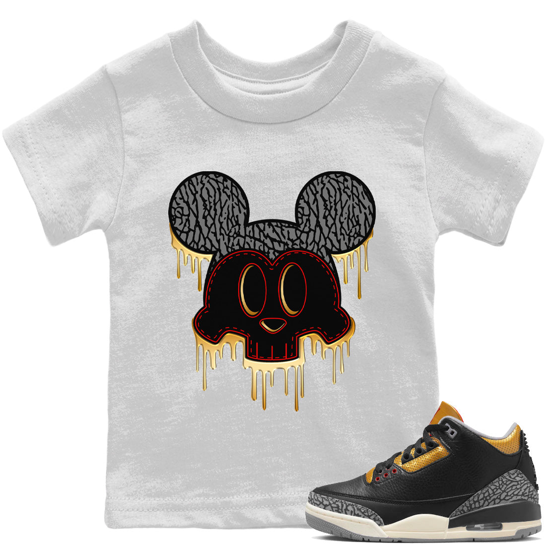 Skull Mouse Kids Tops - Air Jordan 3 Black Gold