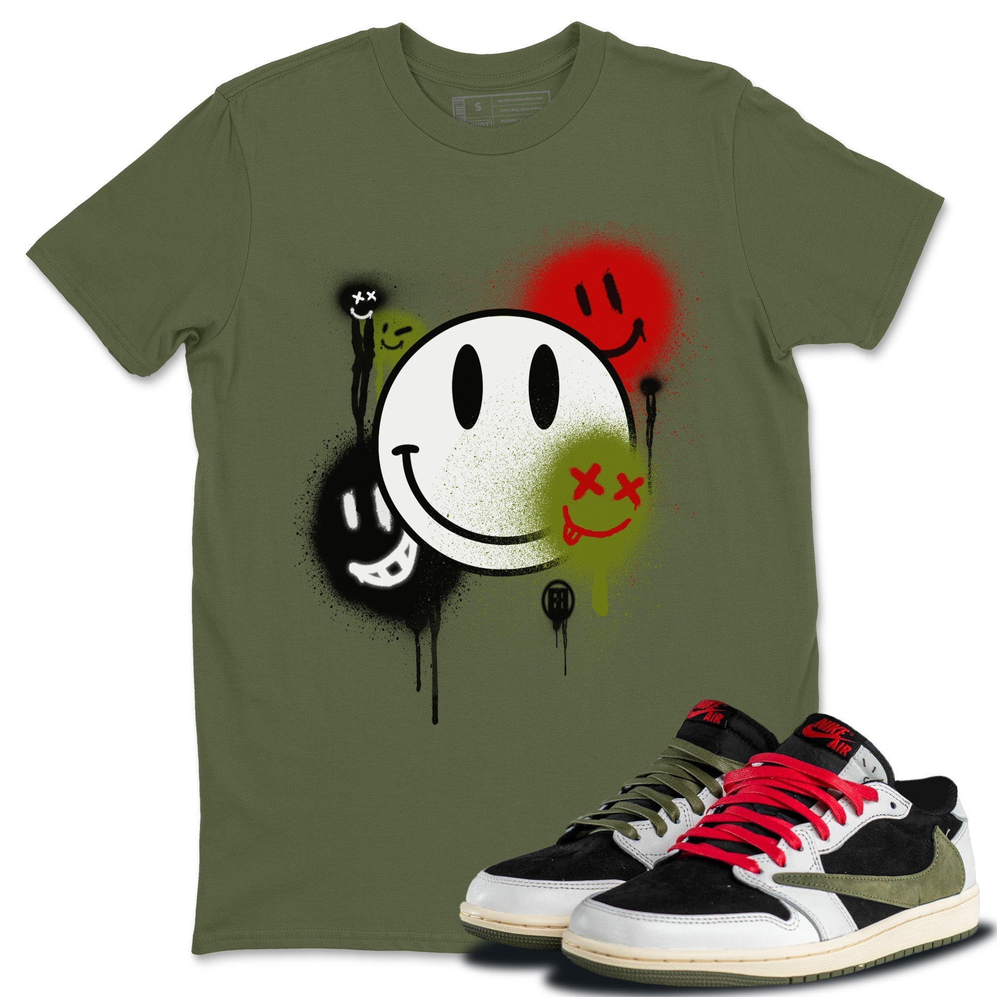 Smile Painting Unisex Tops - Air Jordan 1 Travis Scott Olive