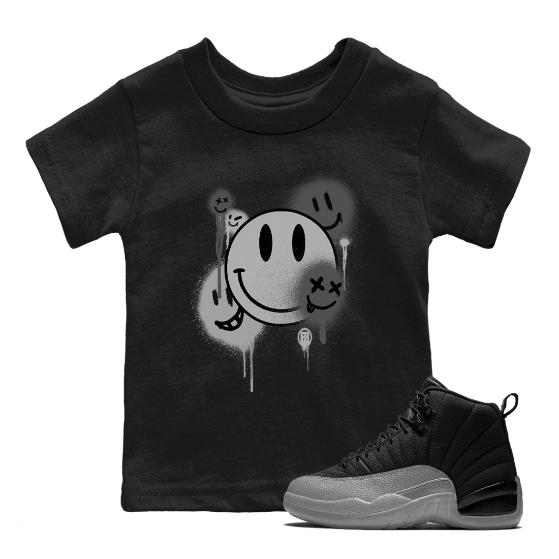 Smile Painting snkmatch Tees Kids - Air Jordan 12 Black Wolf Grey