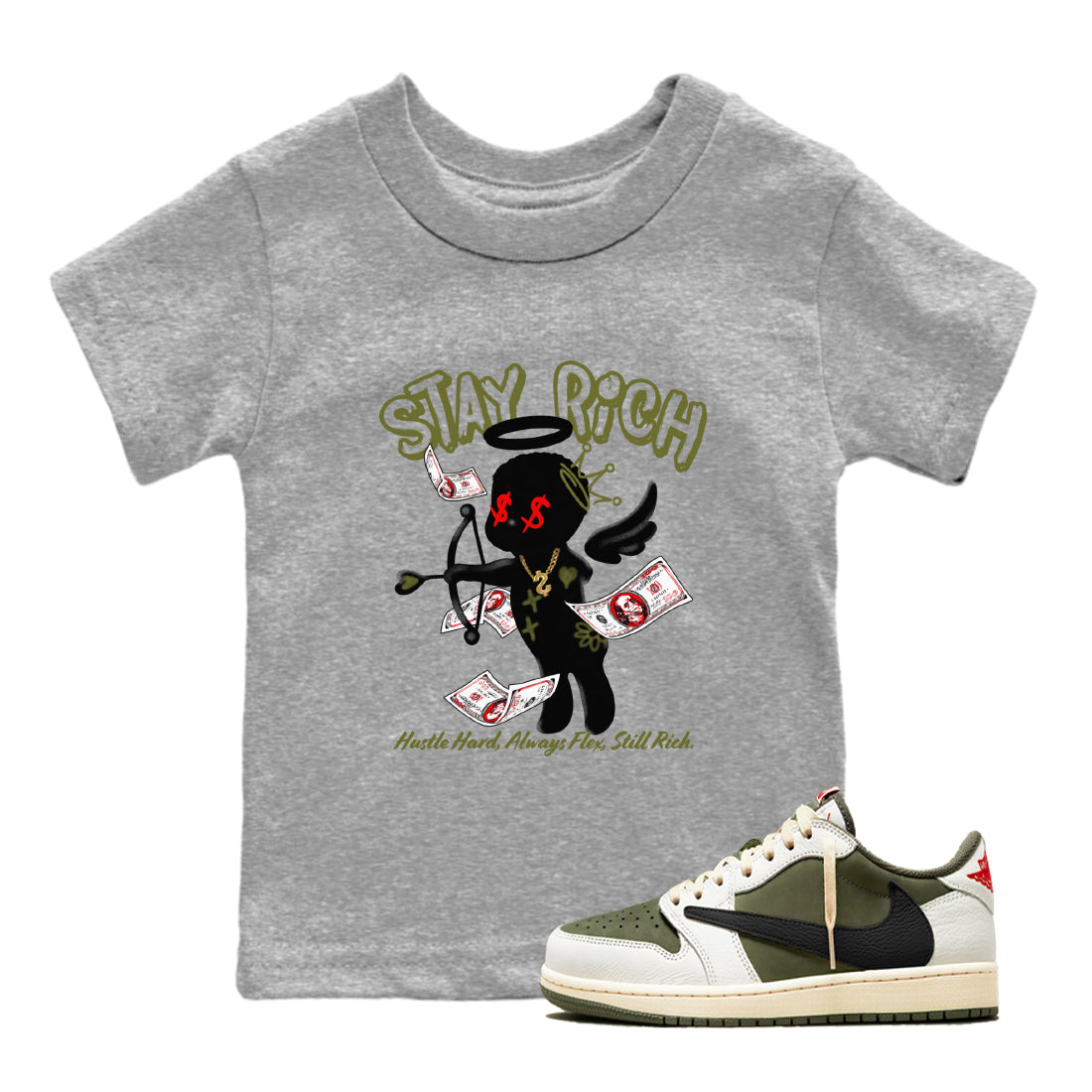 Stay Rich snkmatch Tees Kids - Air Jordan 1 Travis Scott Medium Olive