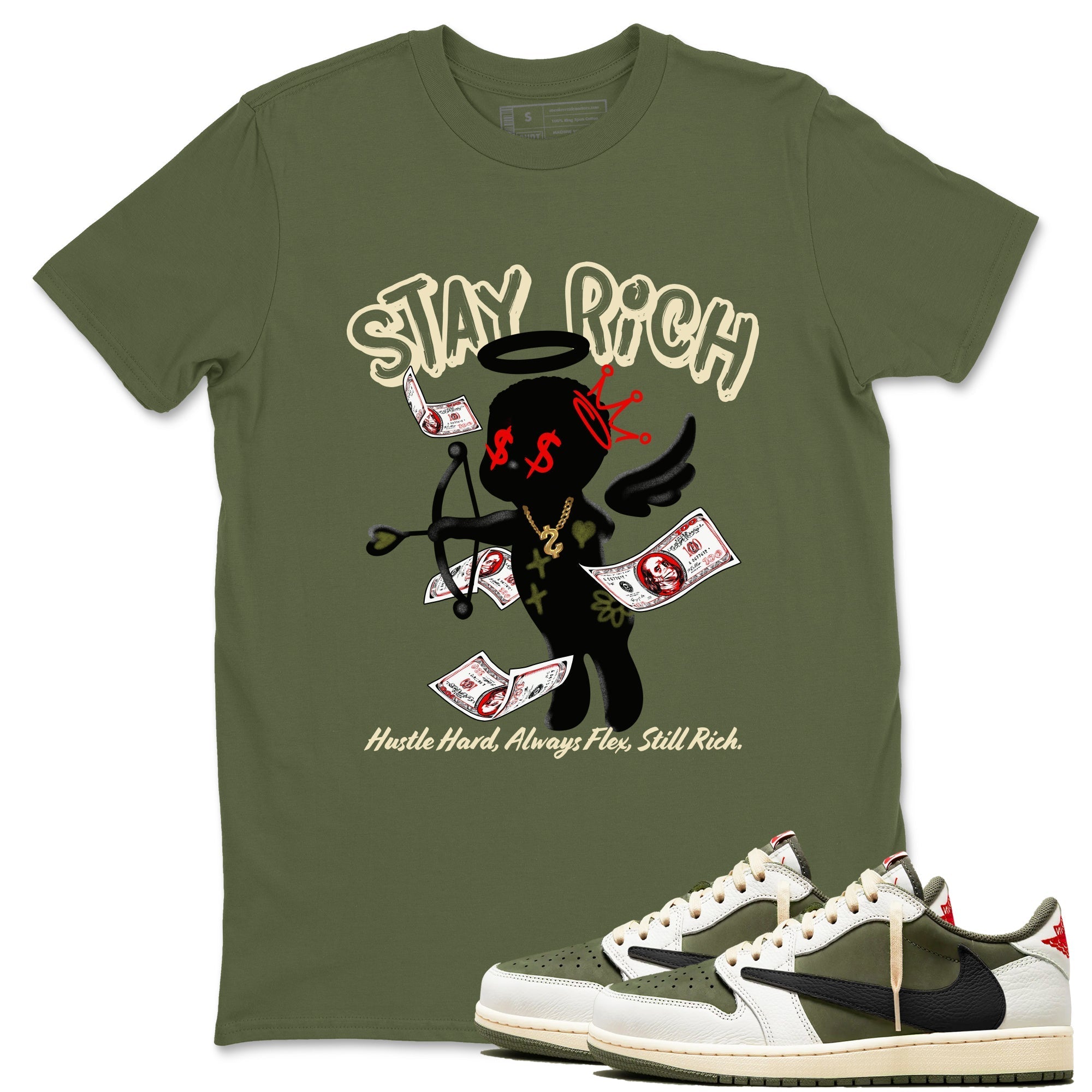 Stay Rich snkmatch Tees - Air Jordan 1 Travis Scott Medium Olive