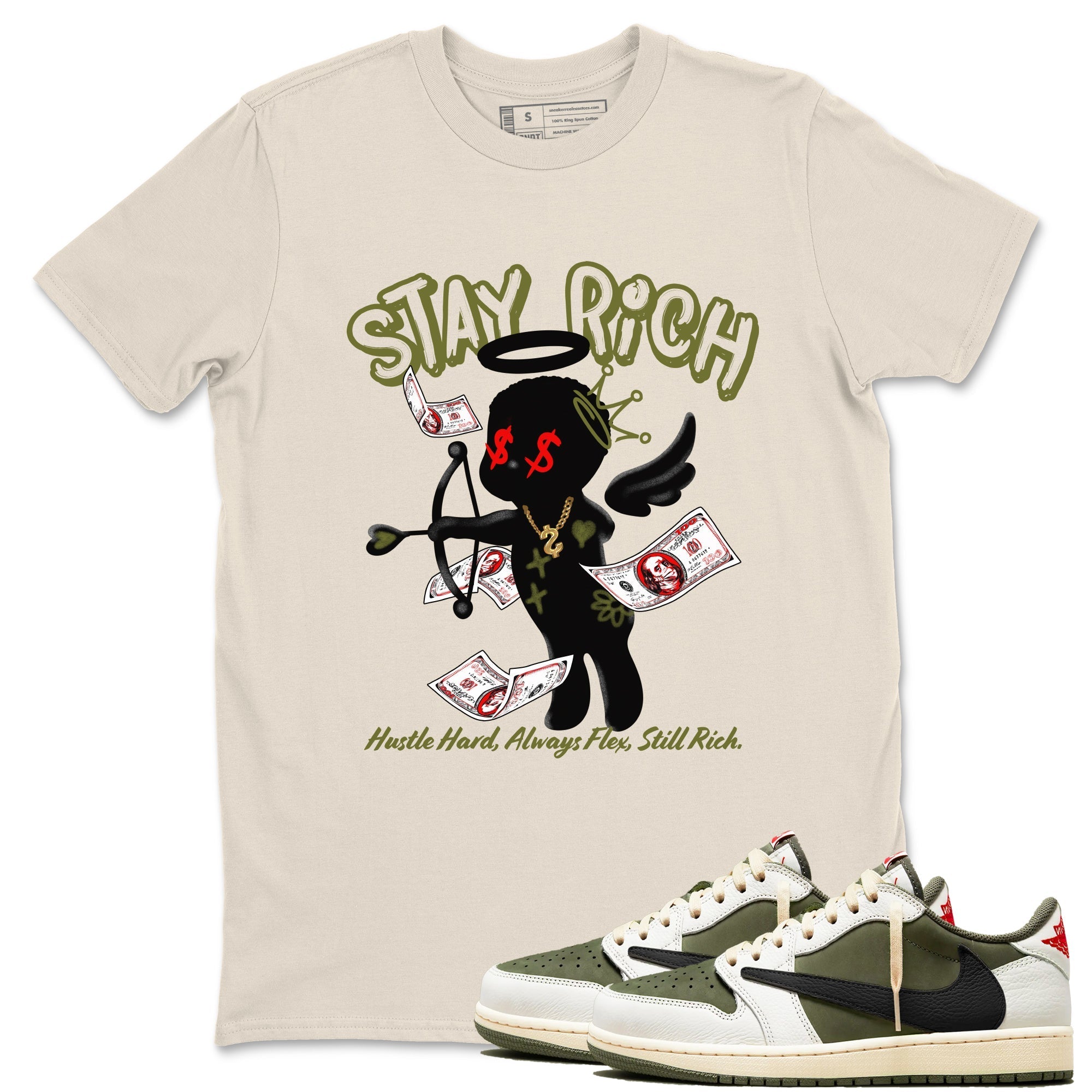 Stay Rich snkmatch Tees - Air Jordan 1 Travis Scott Medium Olive