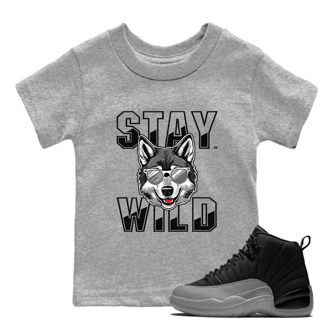Stay Wild snkmatch Tees Kids - Air Jordan 12 Black Wolf Grey