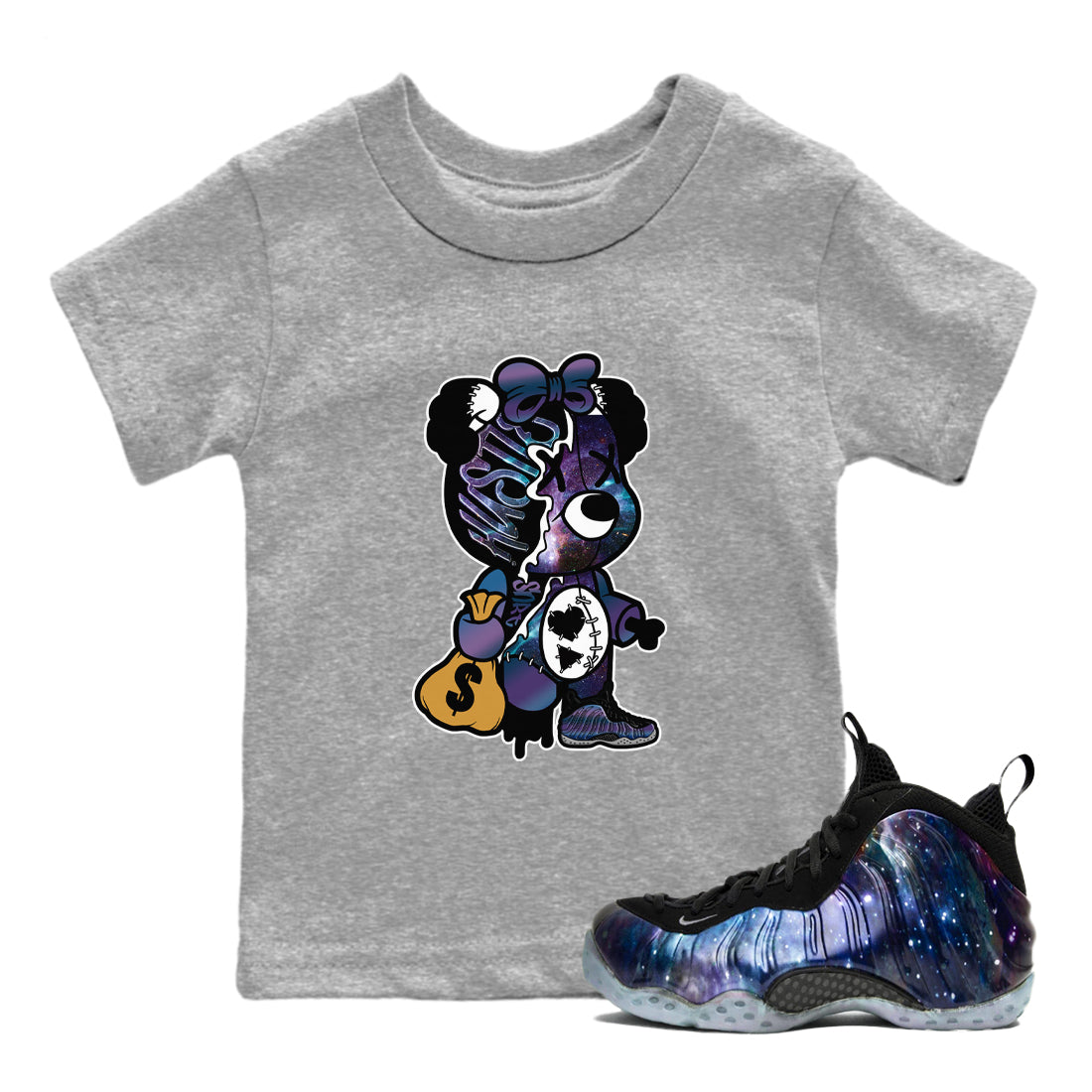 Stitched Hustle Bear snkmatch Tees Kids - Air Foamposite One Galaxy