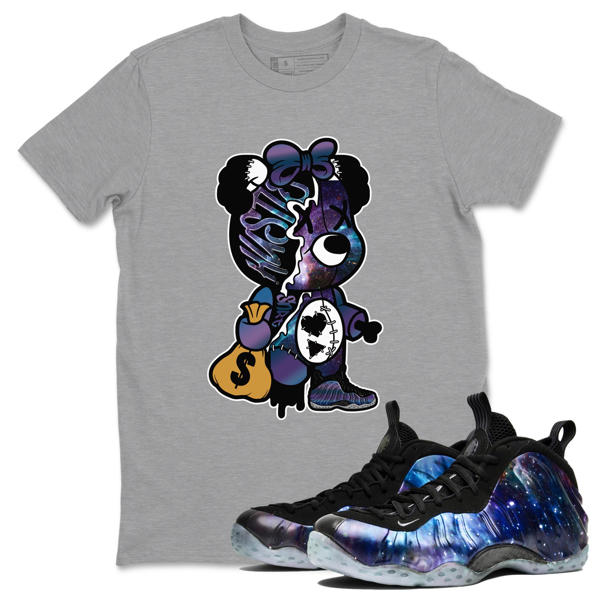Stitched Hustle Bear snkmatch Tees - Air Foamposite One Galaxy