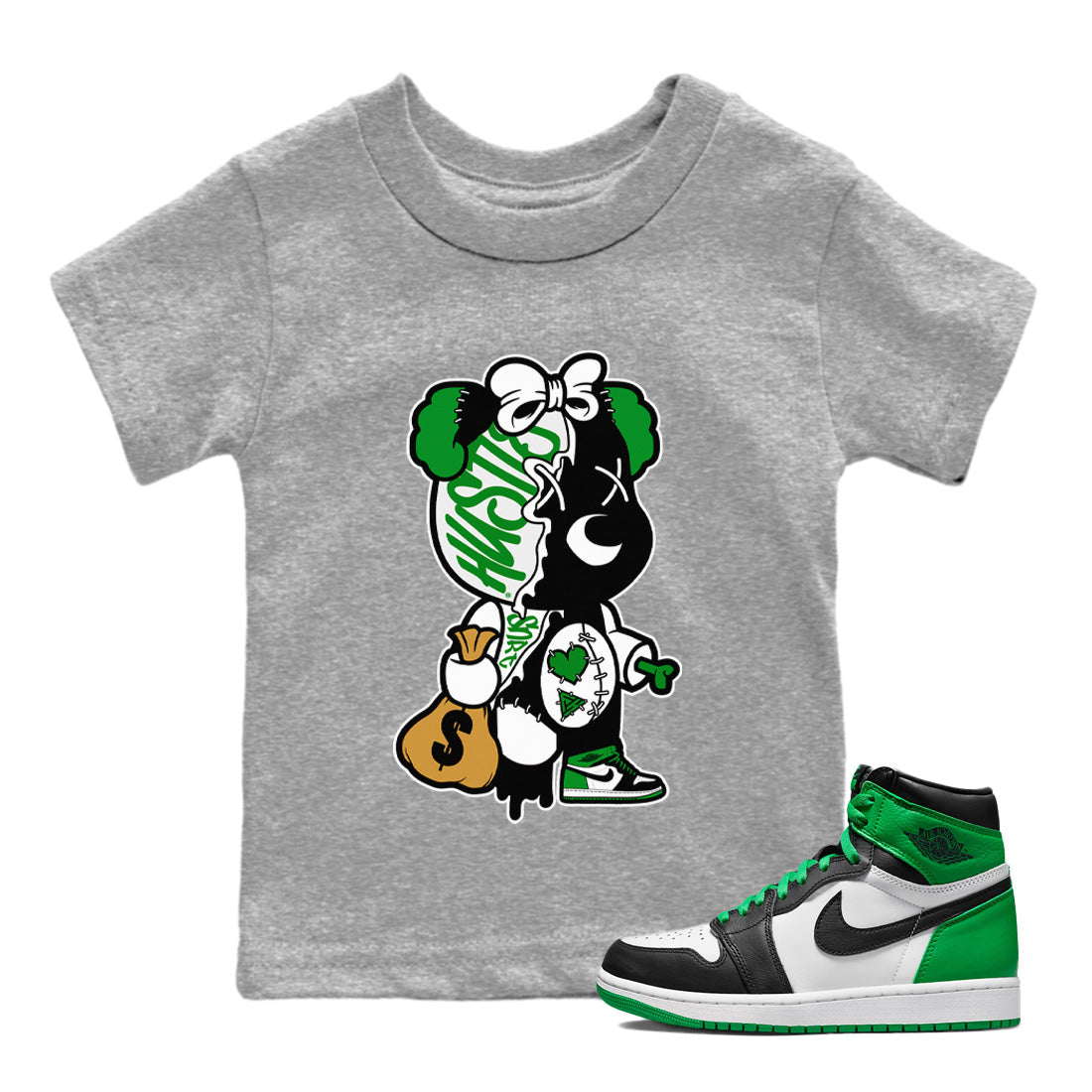 Stitched Hustle Bear Kids Tops - Air Jordan 1 Celtics
