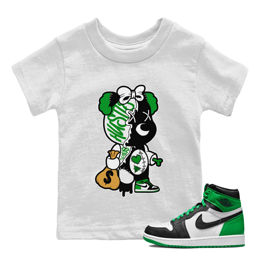 Stitched Hustle Bear Kids Tops - Air Jordan 1 Celtics
