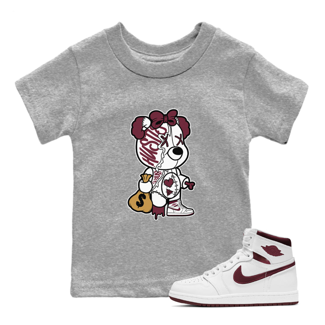 Stitched Hustle Bear snkmatch Tees Kids - Air Jordan 1 Metallic Burgundy