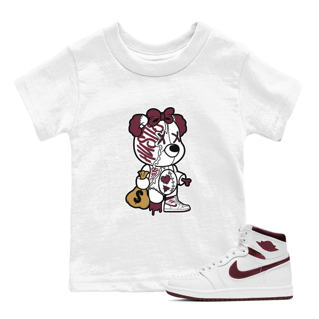 Stitched Hustle Bear snkmatch Tees Kids - Air Jordan 1 Metallic Burgundy