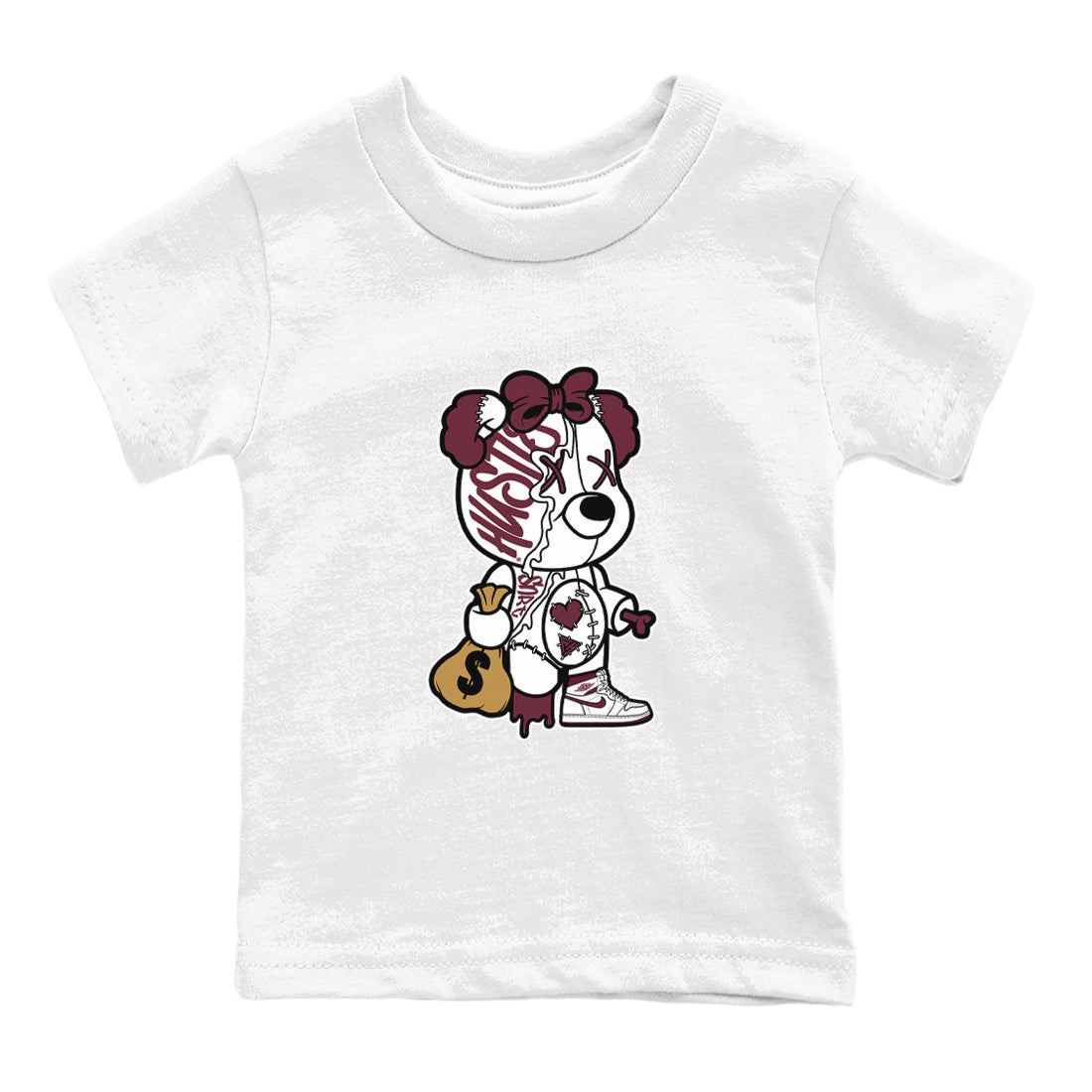 Stitched Hustle Bear snkmatch Tees Kids - Air Jordan 1 Metallic Burgundy