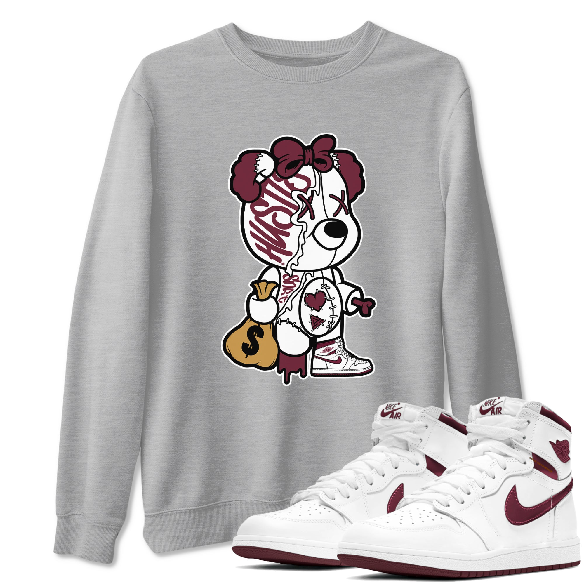 Stitched Hustle Bear snkmatch Tees - Air Jordan 1 Metallic Burgundy