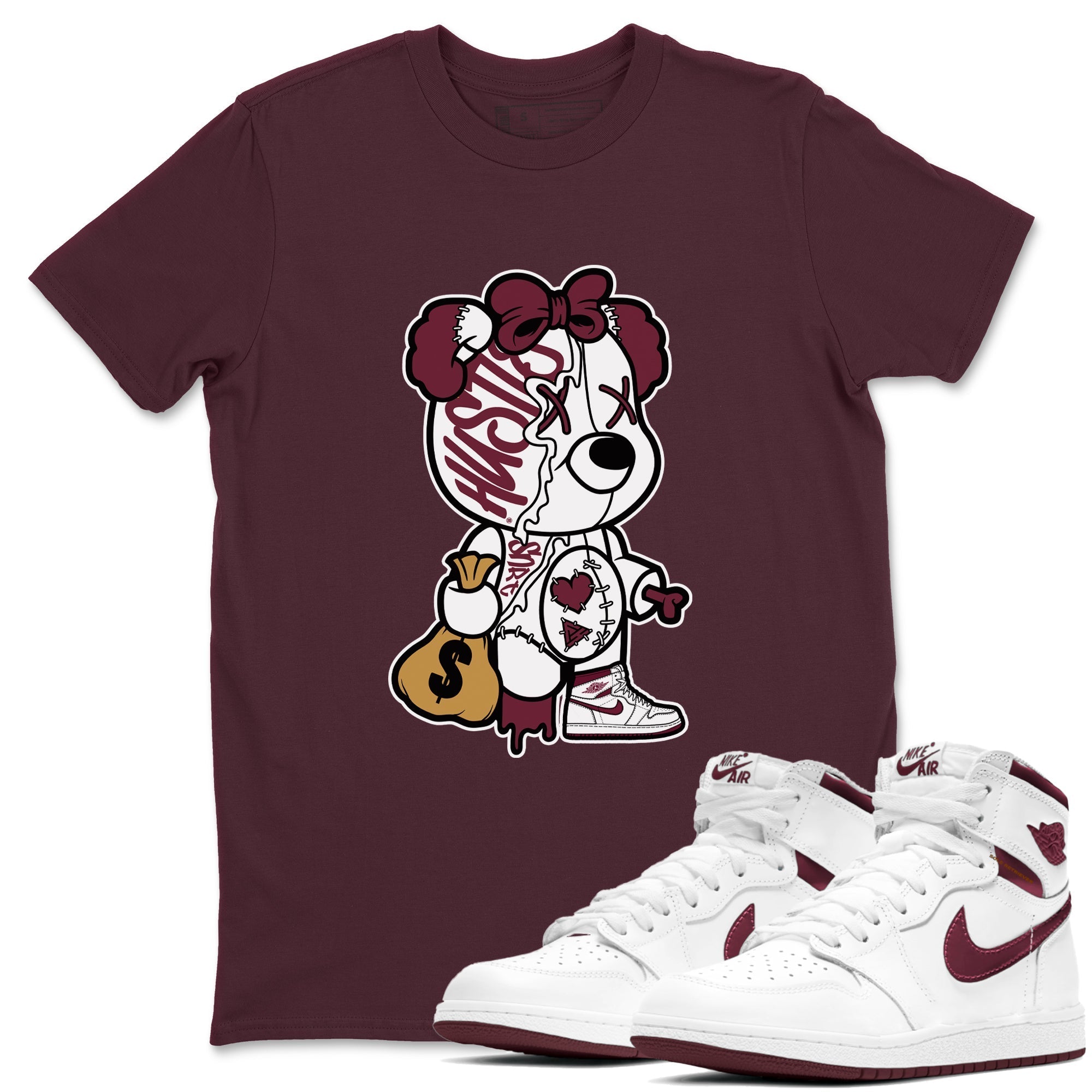 Stitched Hustle Bear snkmatch Tees - Air Jordan 1 Metallic Burgundy