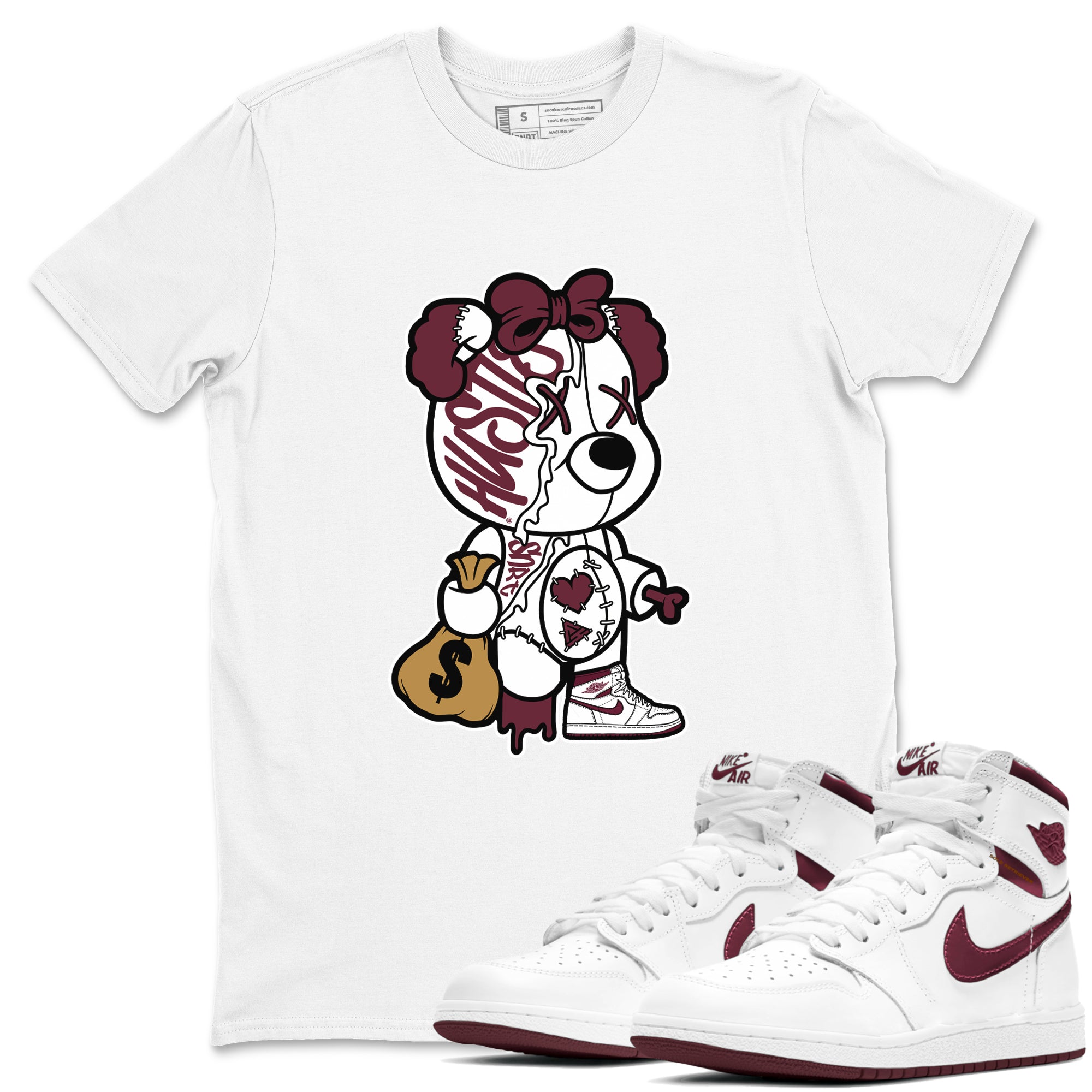 Stitched Hustle Bear snkmatch Tees - Air Jordan 1 Metallic Burgundy