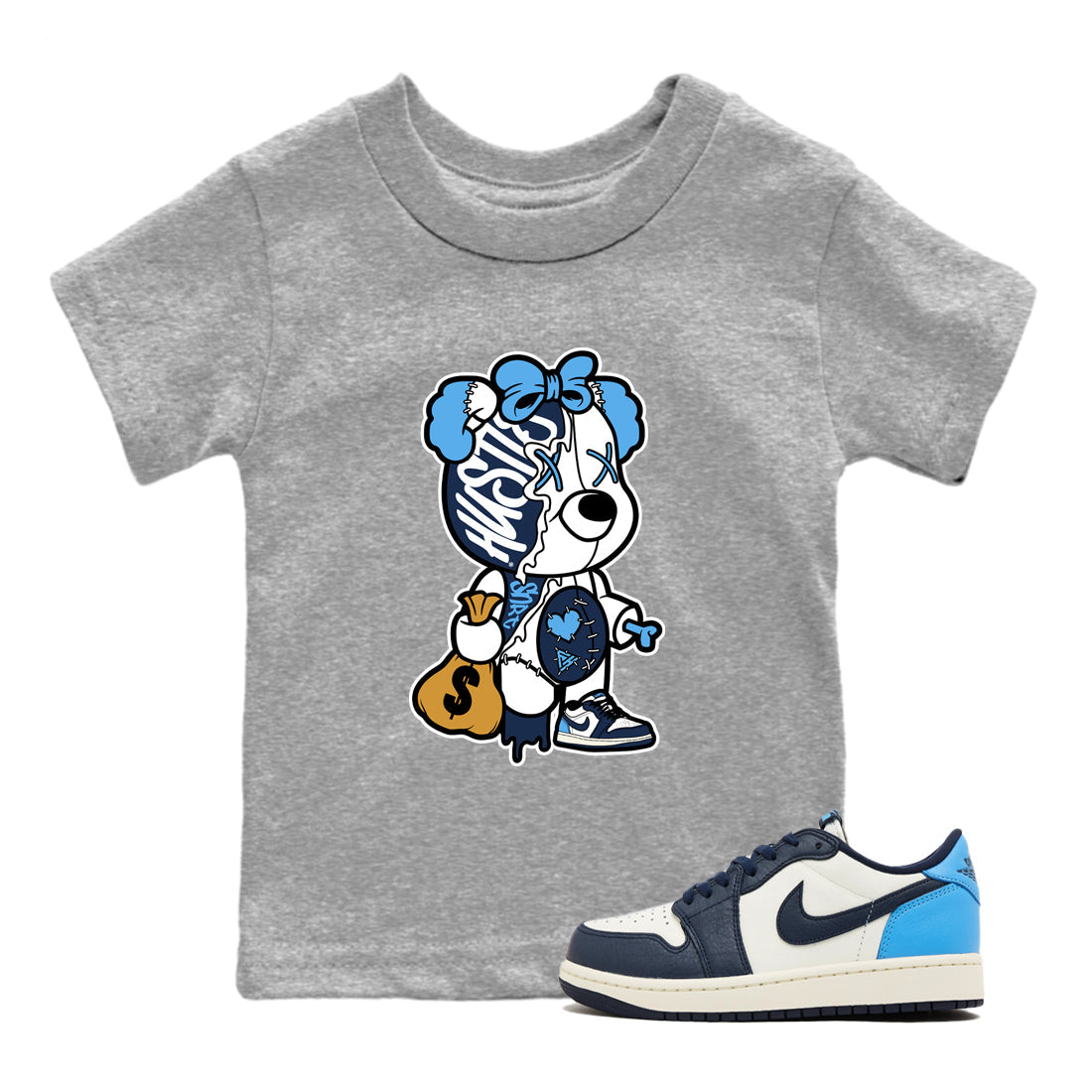 Stitched Hustle Bear snkmatch Tees Kids - Air Jordan 1 Obsidian