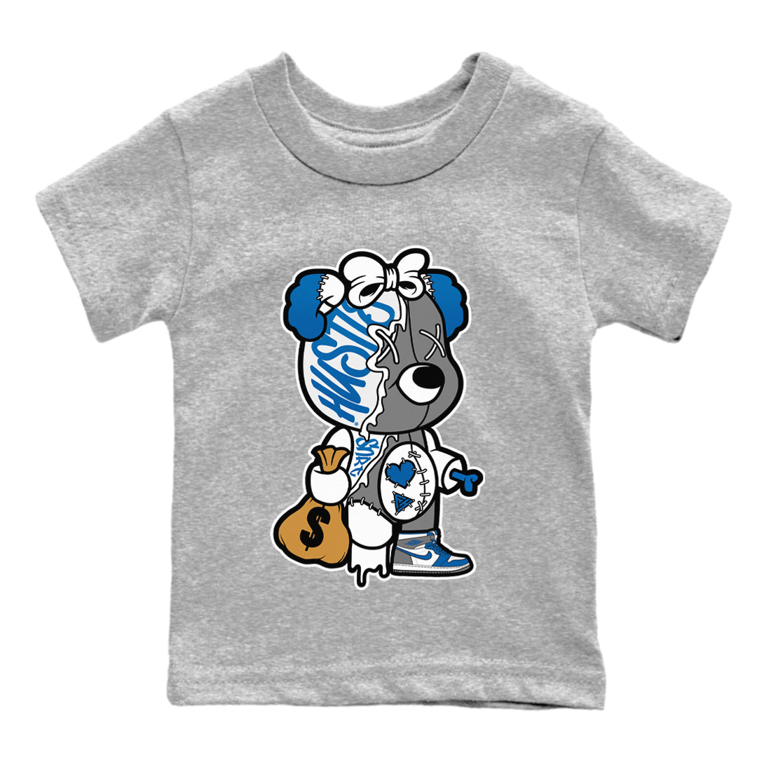 Stitched Hustle Bear Kids Tops - Air Jordan 1 True Blue
