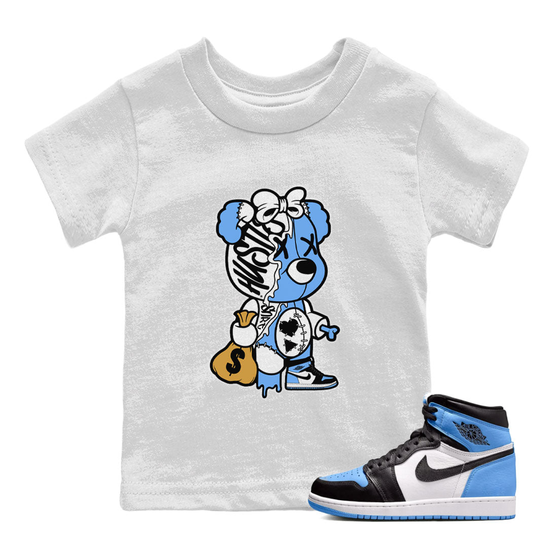 Stitched Hustle Bear snkmatch Tee Kids - Air Jordan 1 UNC Toe