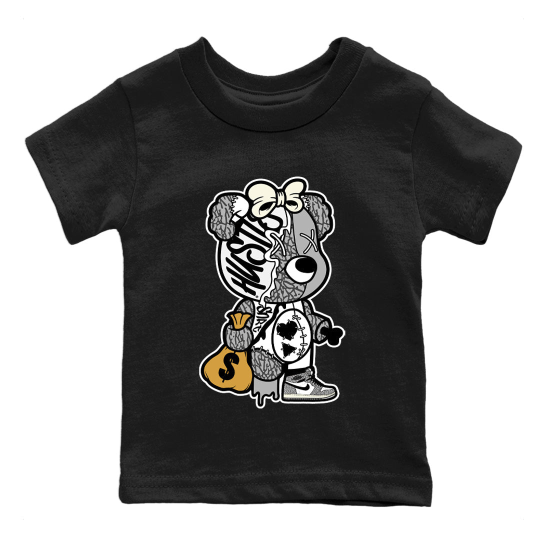 Stitched Hustle Bear Kids Tops - Air Jordan 1 White Cement