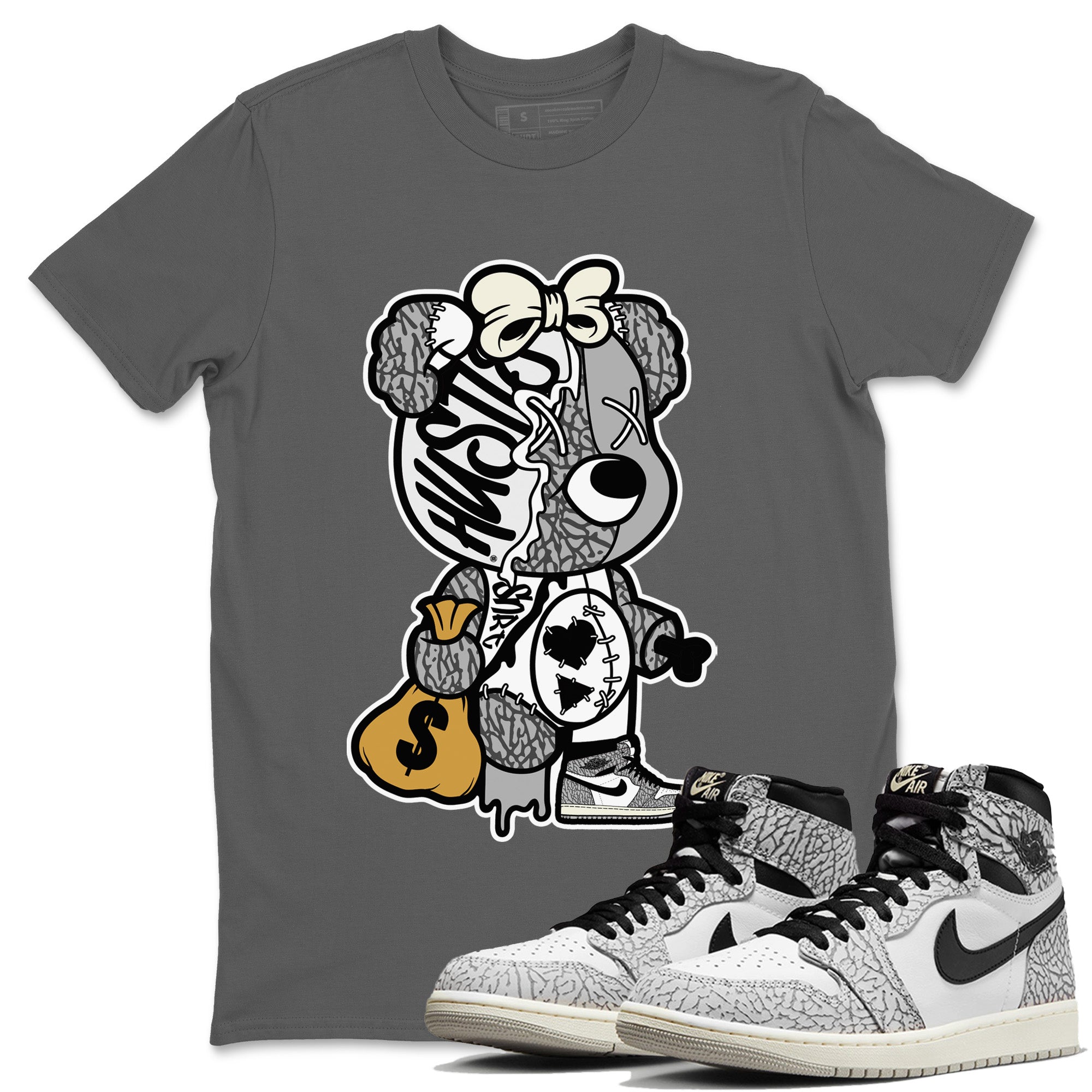 Stitched Hustle Bear Unisex Tops - Air Jordan 1 White Cement