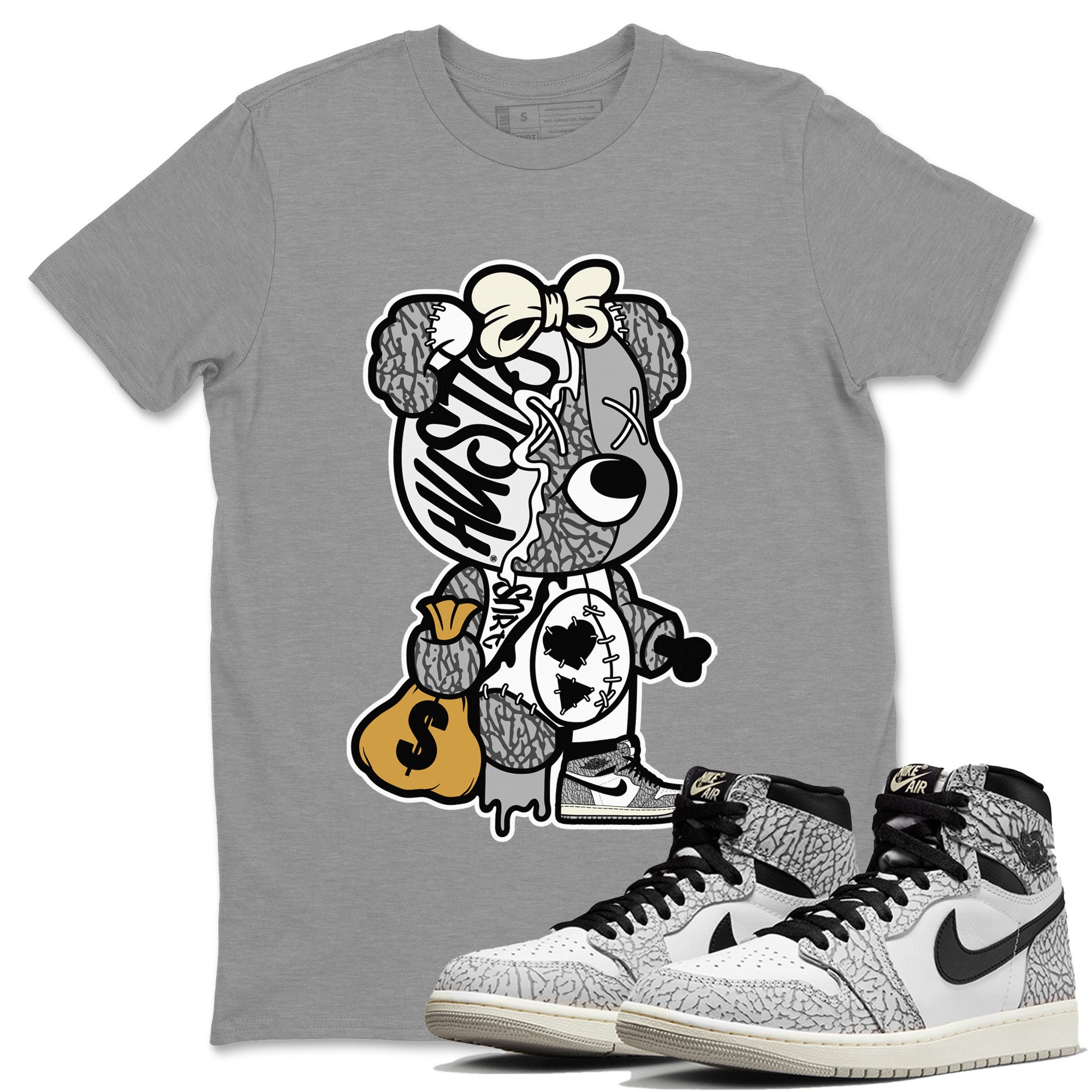 Stitched Hustle Bear Unisex Tops - Air Jordan 1 White Cement