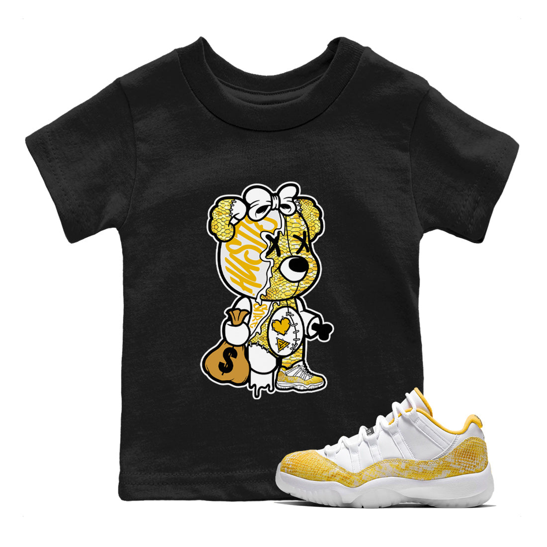 Stitched Hustle Bear Kids Tops - Air Jordan 11 Yellow Python