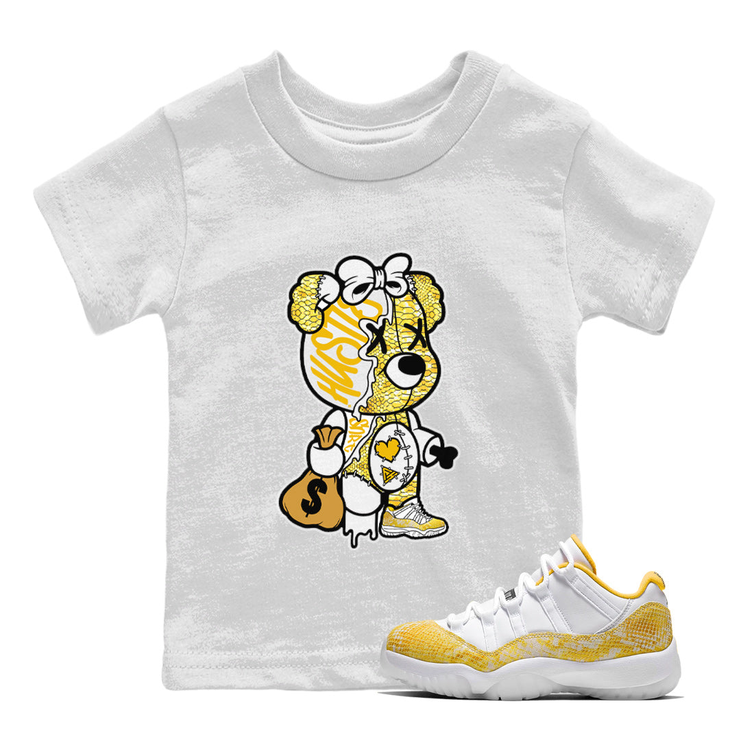 Stitched Hustle Bear Kids Tops - Air Jordan 11 Yellow Python