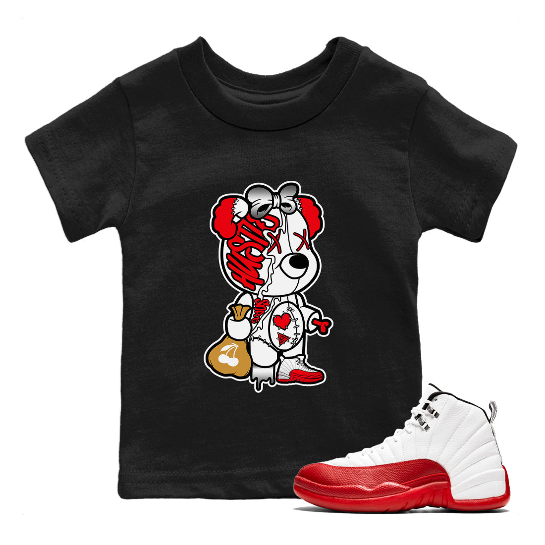 Stitched Hustle Bear Kids Tops - Air Jordan 12 Cherry