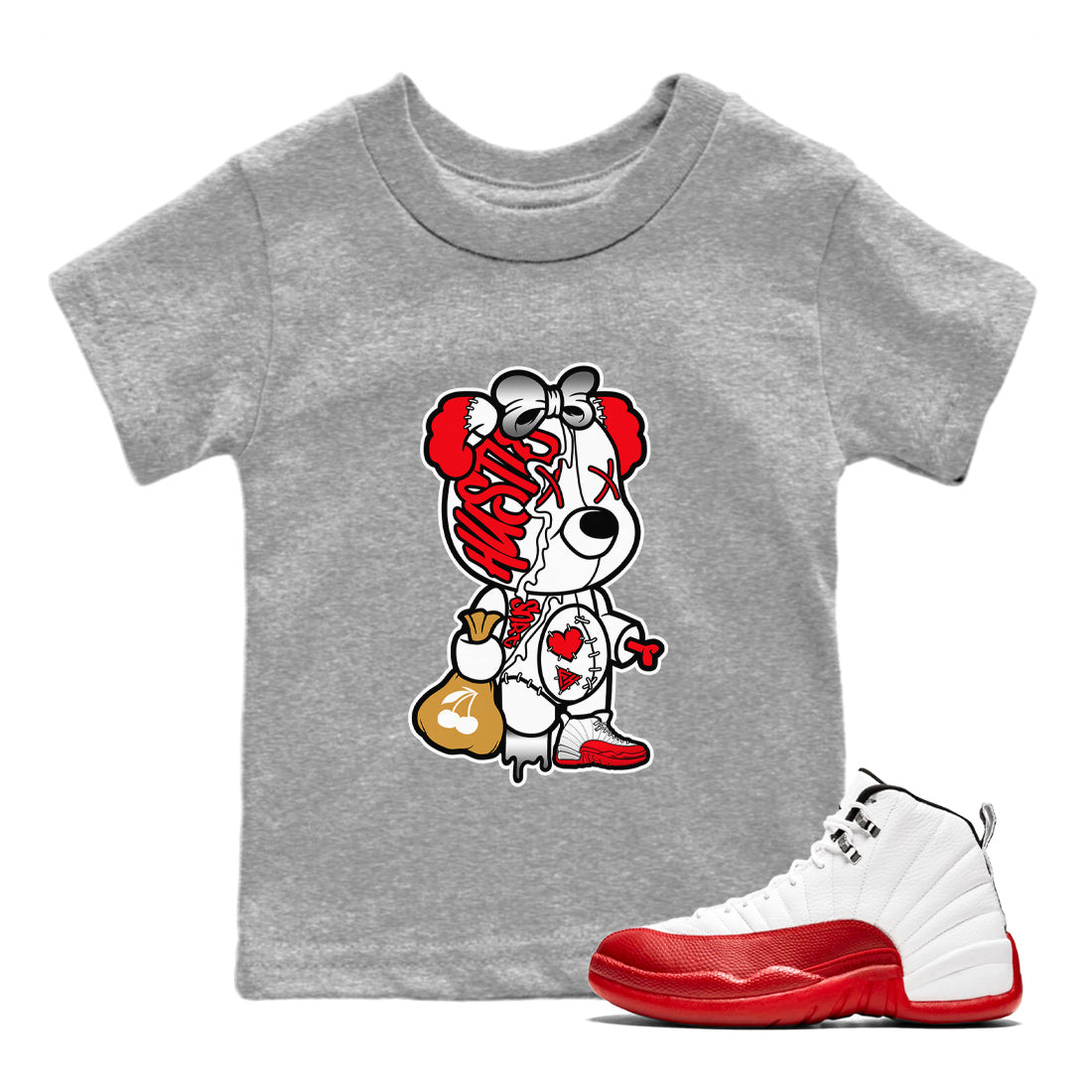 Stitched Hustle Bear Kids Tops - Air Jordan 12 Cherry