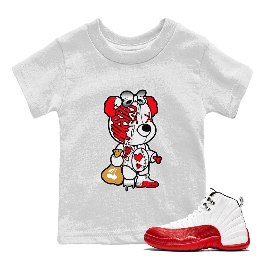 Stitched Hustle Bear Kids Tops - Air Jordan 12 Cherry