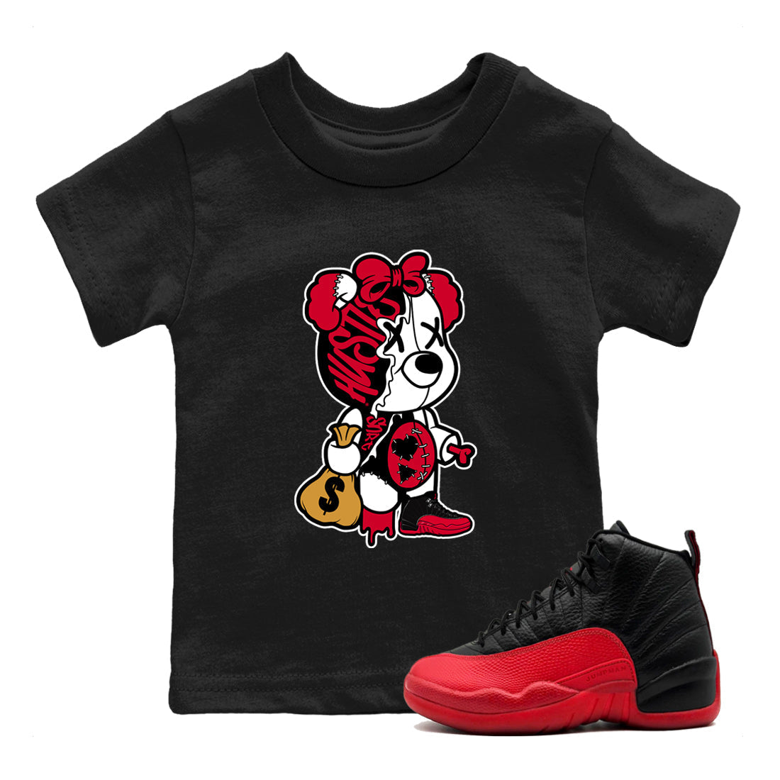Stitched Hustle Bear snkmatch Tees Kids - Air Jordan 12 Flu Game