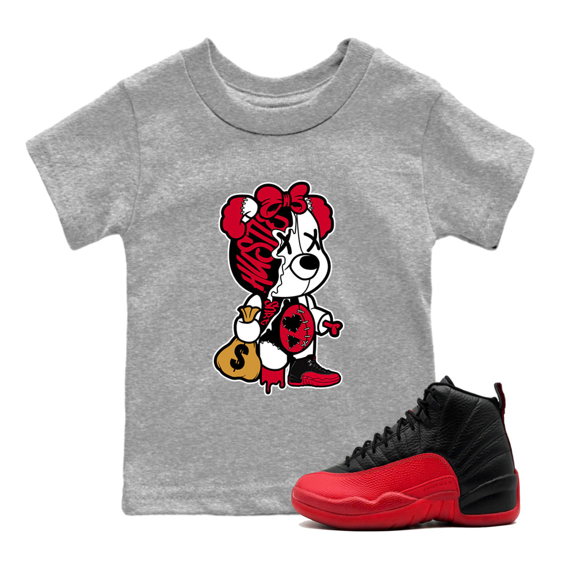 Stitched Hustle Bear snkmatch Tees Kids - Air Jordan 12 Flu Game