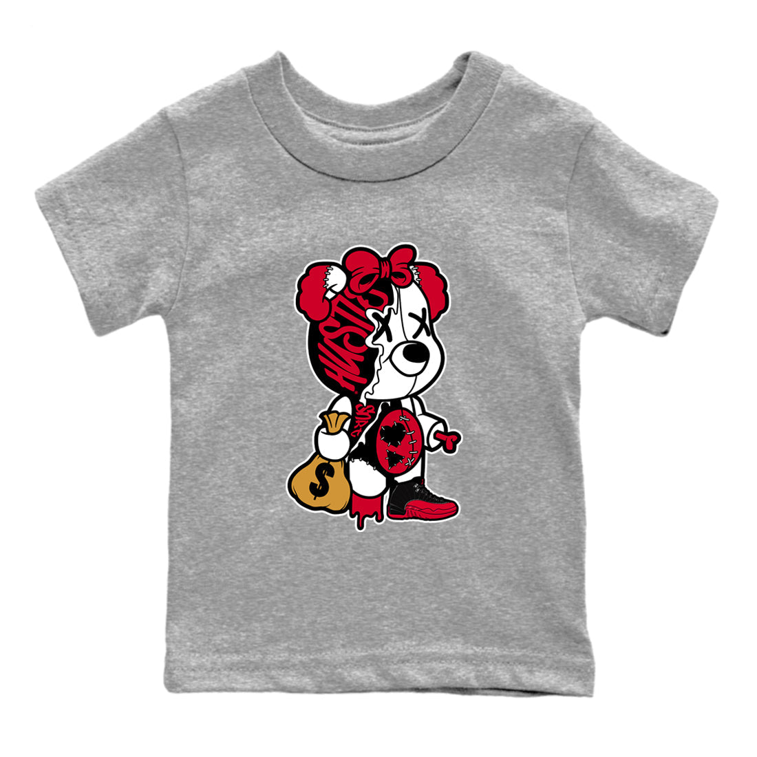 Stitched Hustle Bear snkmatch Tees Kids - Air Jordan 12 Flu Game