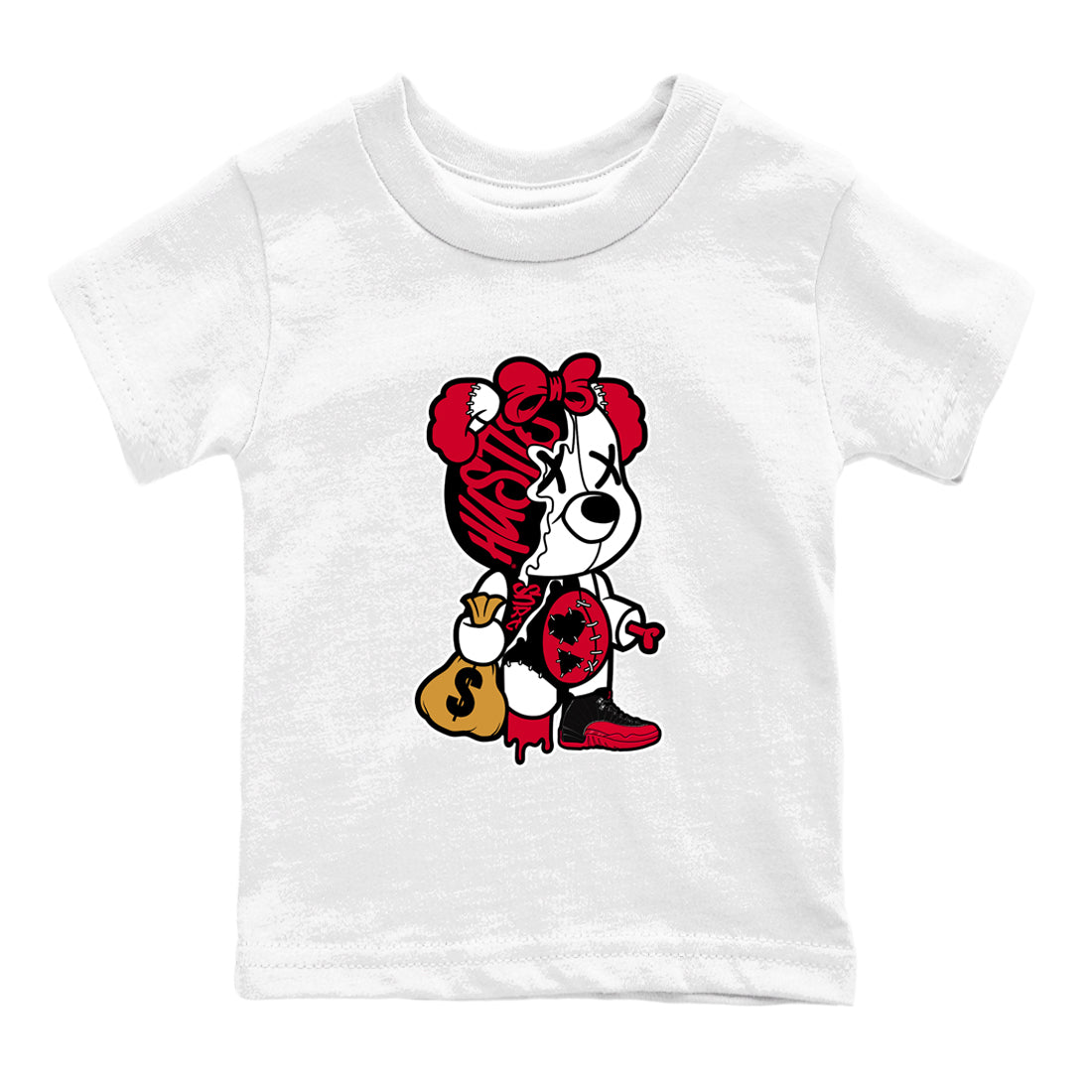 Stitched Hustle Bear snkmatch Tees Kids - Air Jordan 12 Flu Game