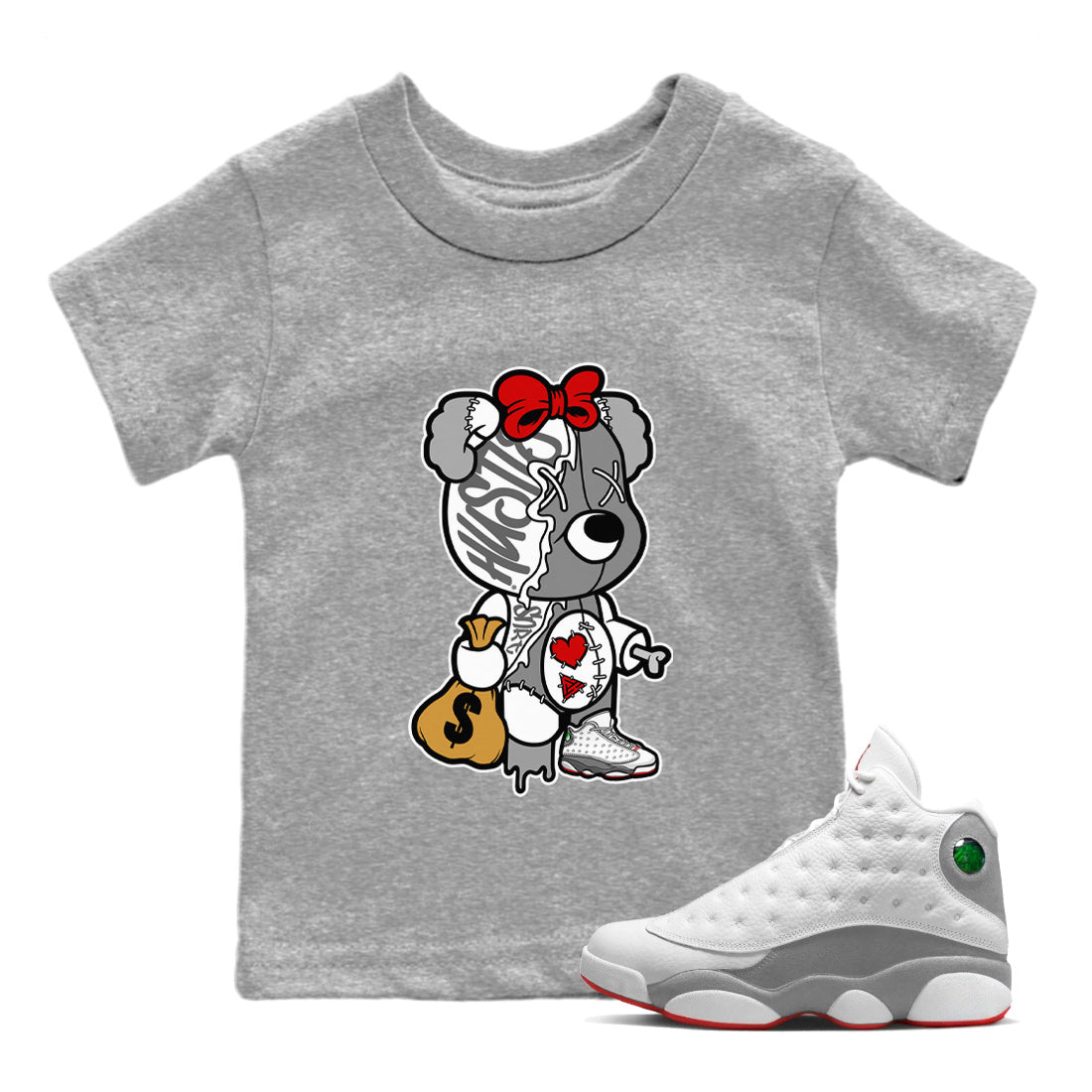 Stitched Hustle Bear Kids Tops - Air Jordan 13 Wolf Grey