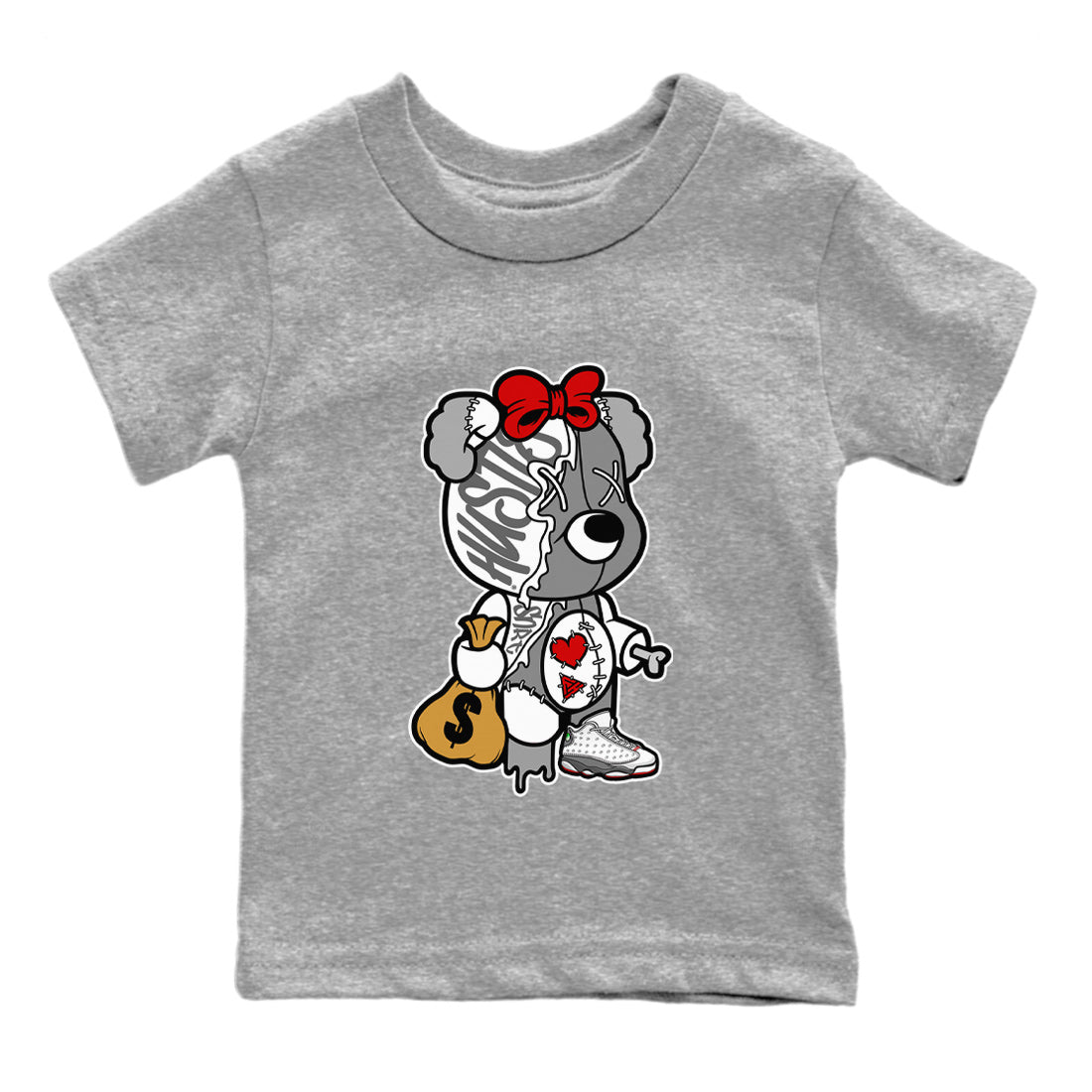 Stitched Hustle Bear Kids Tops - Air Jordan 13 Wolf Grey
