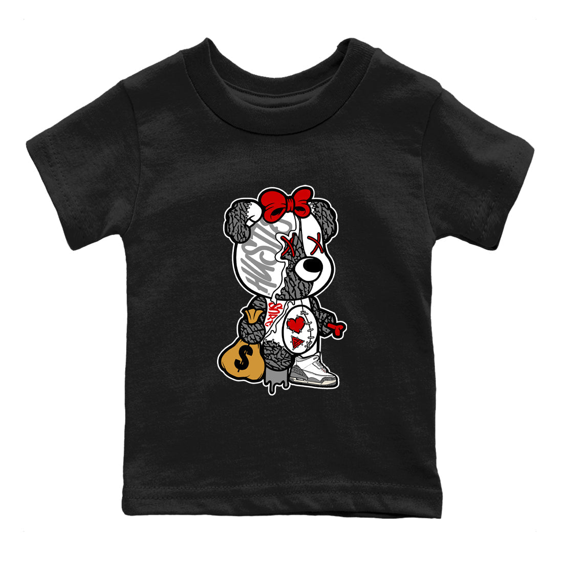Stitched Hustle Bear snkmatch Tees Kids - Air Jordan 3 Cement Grey