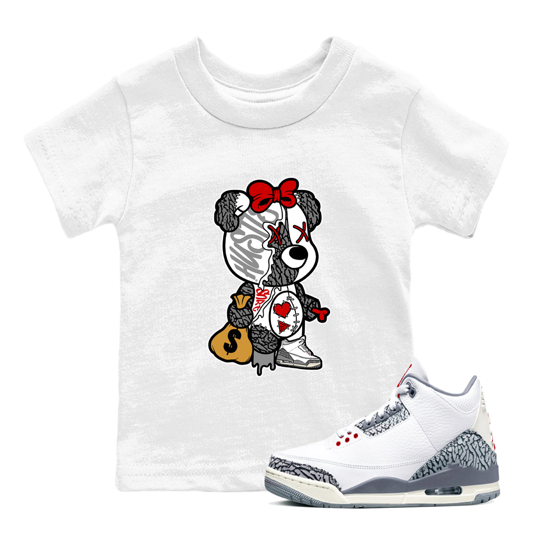 Stitched Hustle Bear snkmatch Tees Kids - Air Jordan 3 Cement Grey