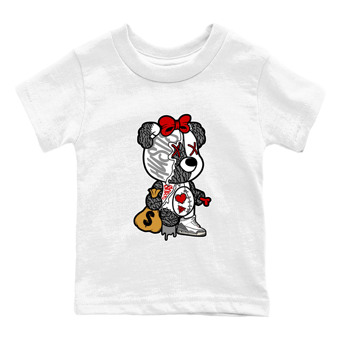 Stitched Hustle Bear snkmatch Tees Kids - Air Jordan 3 Cement Grey