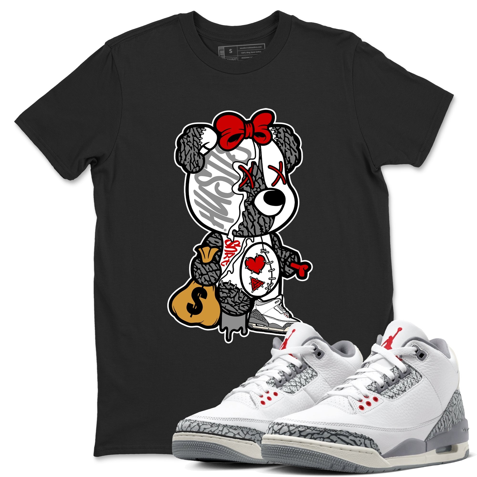 Stitched Hustle Bear snkmatch Tees - Air Jordan 3 Cement Grey